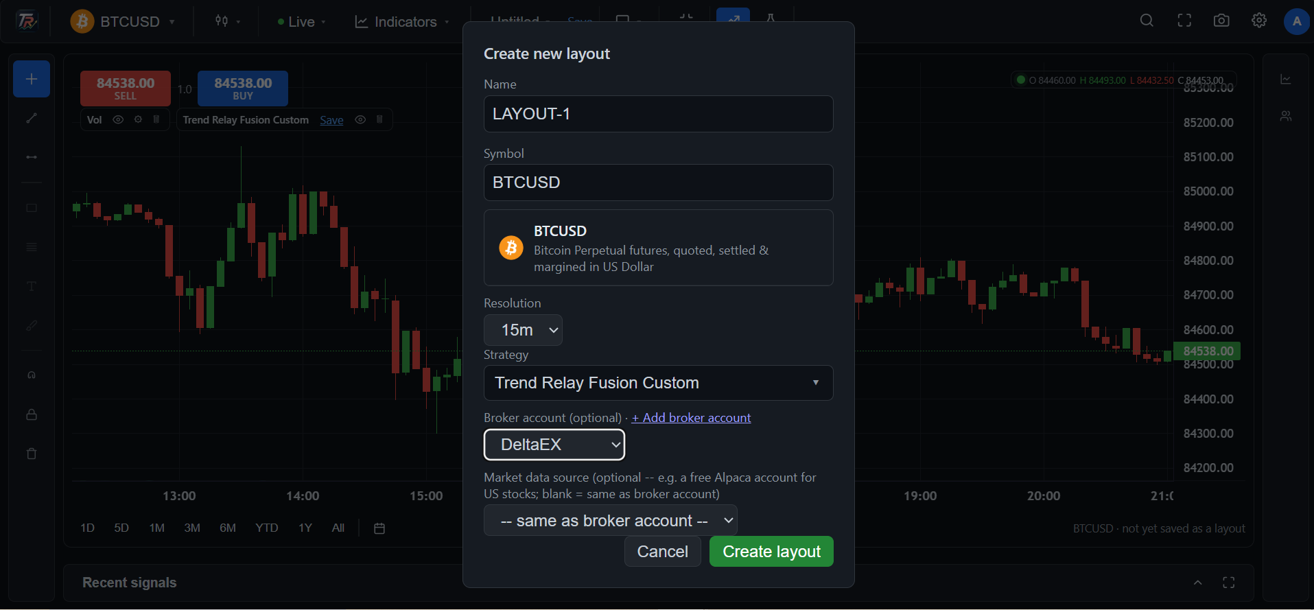 TrendRelay Create new layout dialog